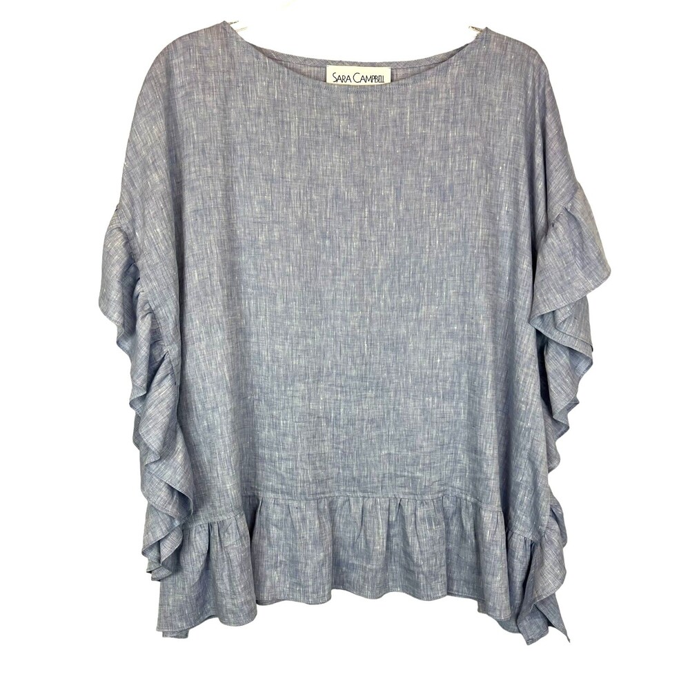 Sara Campbell Linen Top  Women's Size M/L  Blue Chambray  Ruffled Side Tunic